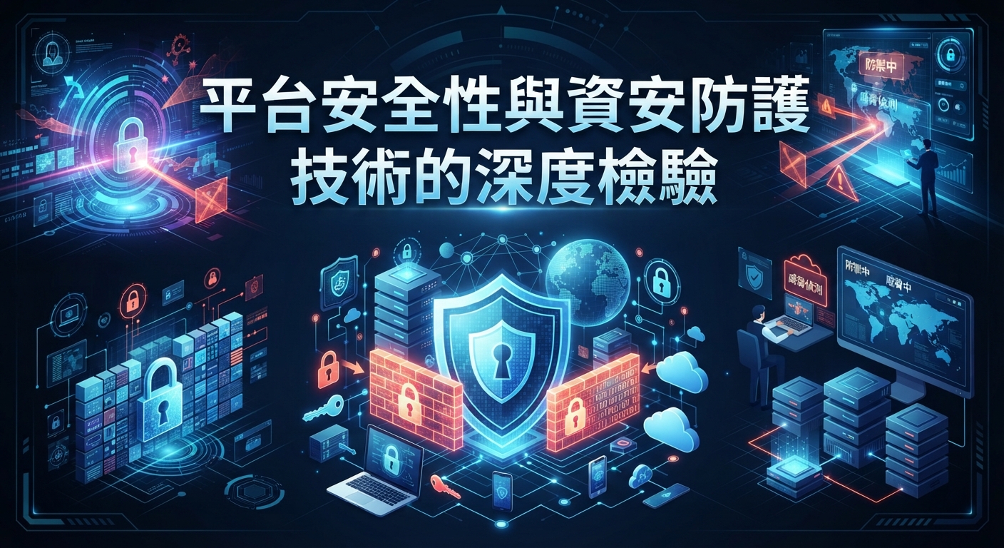這張圖片以科技感十足的深藍色為基調，呈現了平台安全防護與資連檢驗的意象。 畫面正上方醒目地顯示了標題「平台安全性與資安防護技術的深度檢驗」。