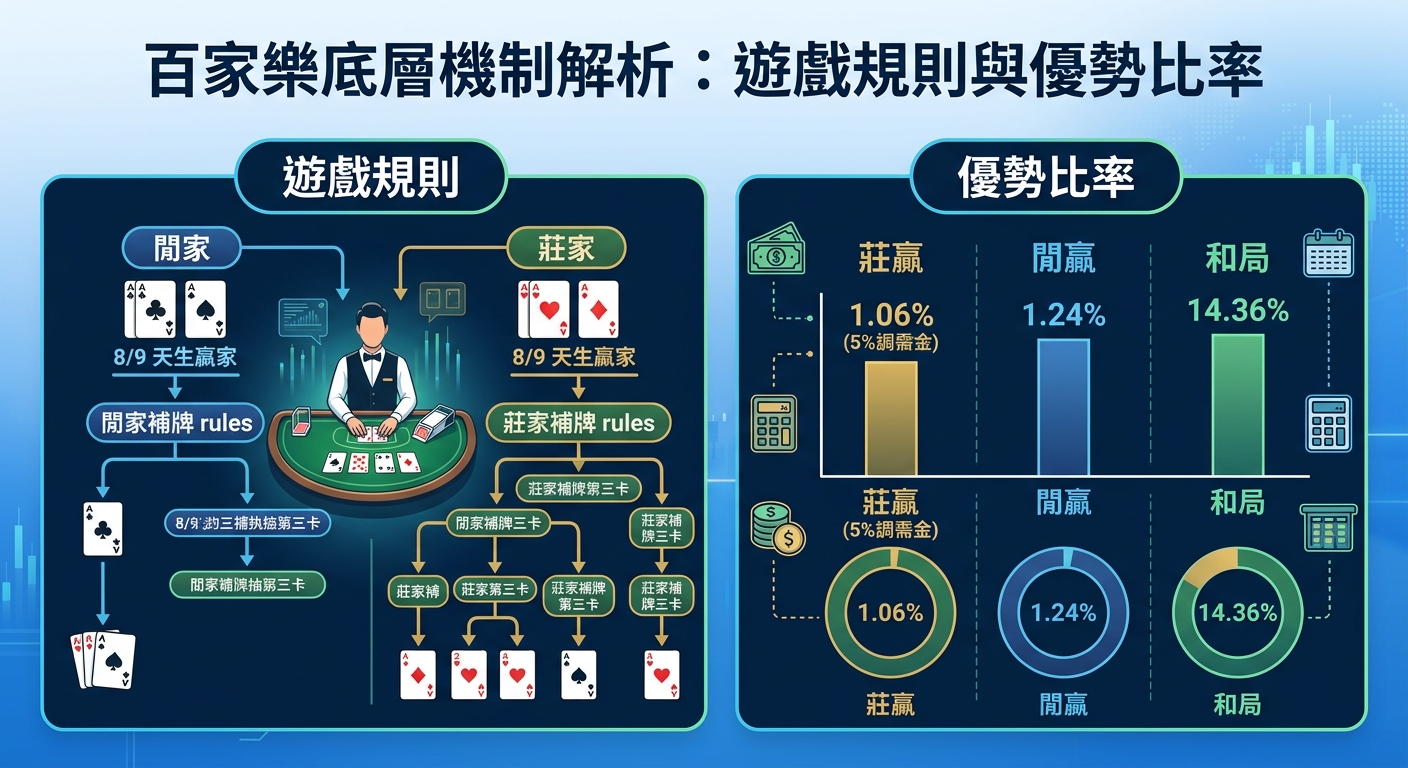 這張圖片是一份關於百家樂的資訊圖表，左側詳細拆解了莊家與閒家的基礎規則及補牌機制流程。 右側則透過數據圖表與圓餅圖，直觀呈現莊贏、閒贏及和局下的賭場優勢比率。