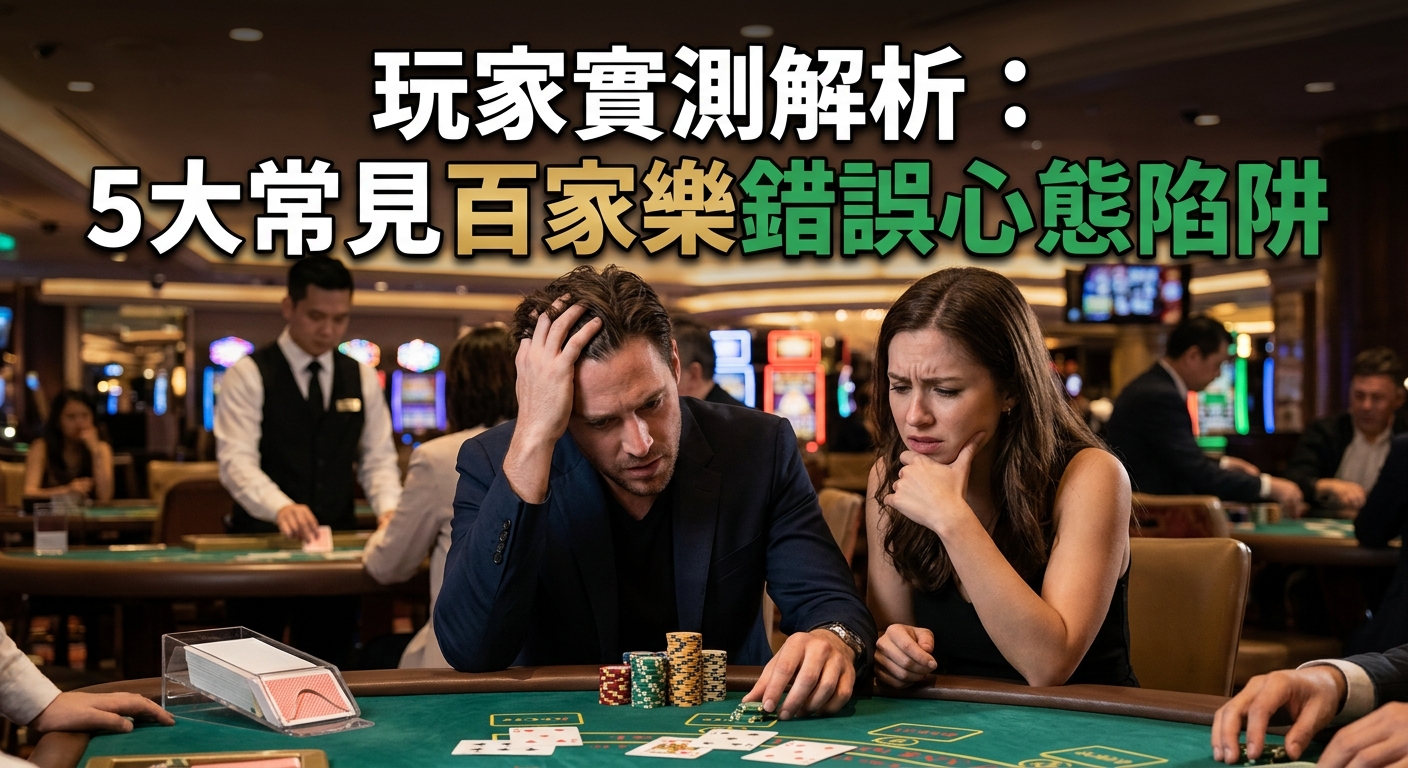 這張圖片展示了一對男女坐在奢華百家樂賭桌前的焦慮與沉思，桌上擺放著撲克牌與籌碼。 上方配有顯眼的繁體中文標題「玩家實測解析：5大常見百家樂錯誤心態陷阱」，營造出深度分析與戒備風險的氛圍。