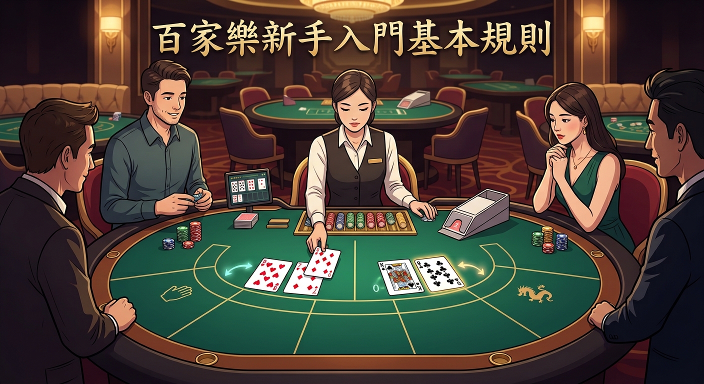 一張精美的插圖，展現了幾位玩家圍坐在優雅的百家樂賭桌旁專注遊戲的場景。 畫面的上方醒目地印著標題「百家樂新手入門基本規則」。